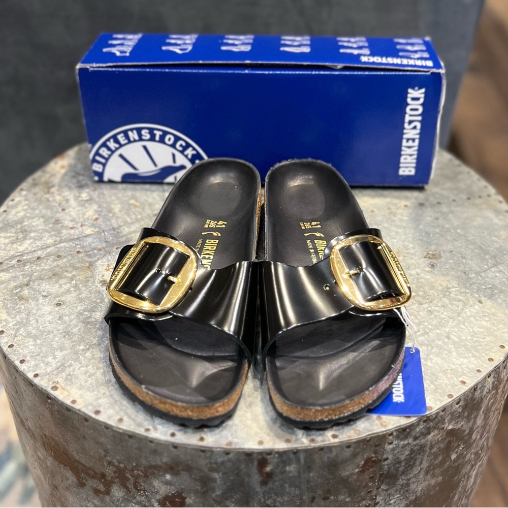 Birkenstock Black Slides with Gold Accents